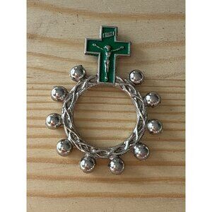 Crucifix Finger Rosary Ring With Green Enamel INRI Cross